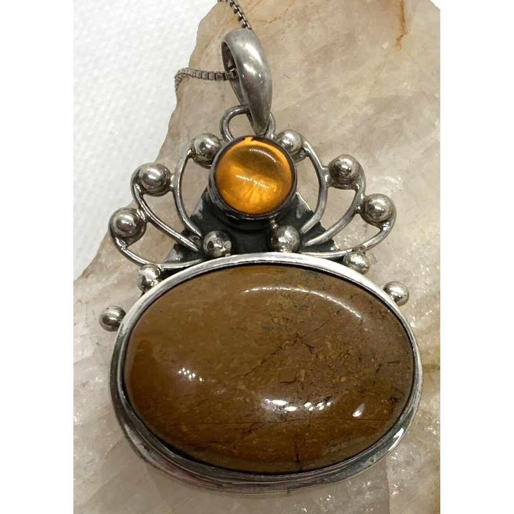 Vintage Brown Agate Modernist Pendant 18'' Necklace Sterling 925 Silver 16g Boho